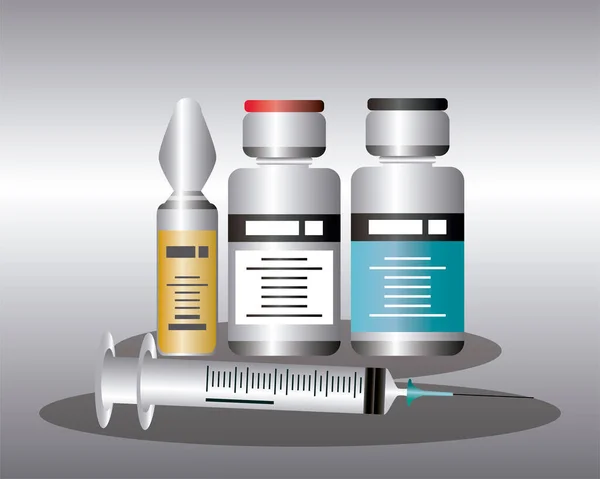 Wereld medische flessen spuit met coronavirus vaccin, bescherming tegen covid 19 — Stockvector