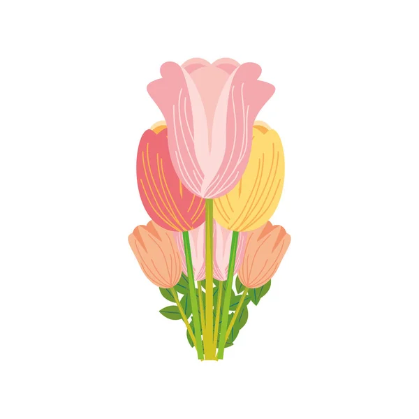 Flores tulipán hoja floral en estilo de dibujos animados fondo blanco — Vector de stock