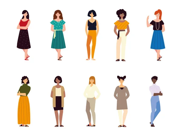 Grupo mujeres personajes femeninos diferentes nacionalidades cultura — Vector de stock