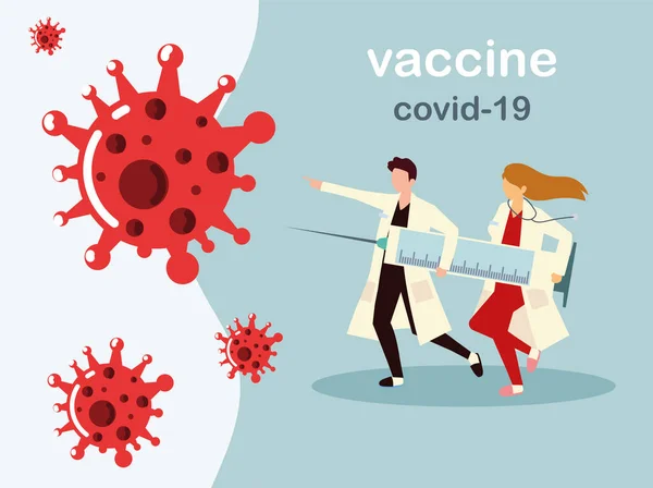 Frau und Mann Ärzte hält große Spritze mit Impfstoff, Arzt verhindert Covid 19 — Stockvektor