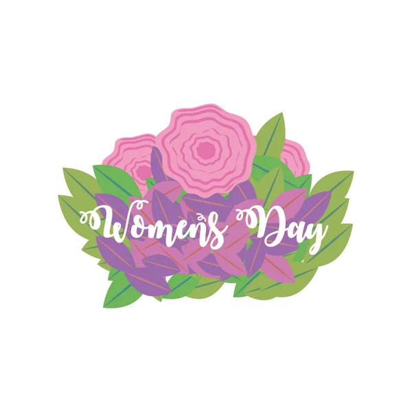 Femei zi litere pe flori buchet și frunze în stil desene animate — Vector de stoc