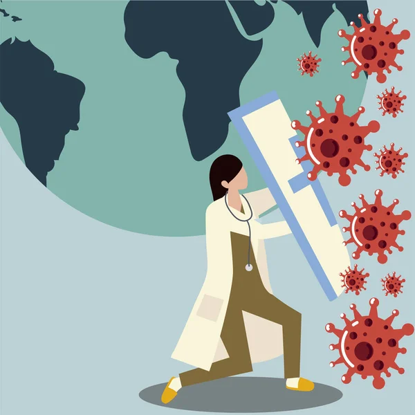 Dokter wanita memegang perlindungan perisai covid 19 penyakit global - Stok Vektor