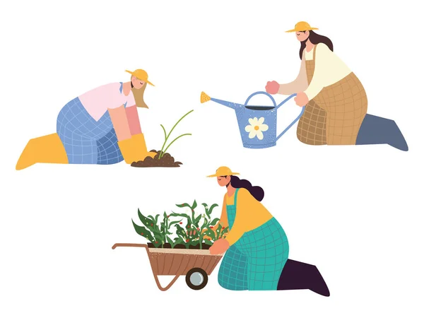 Boerderij en landbouw vrouwelijke boeren met gieter, kruiwagen en aanplant — Stockvector