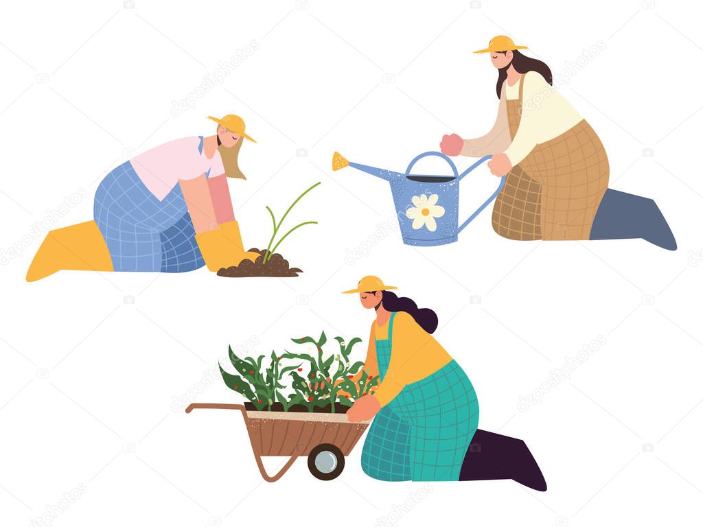 farm and agriculture female farmers with watering can, wheelbarrow and planting