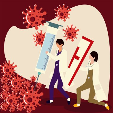 Şırınga ve kalkan koruması olan doktorlar.