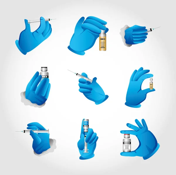 Manos con guantes de goma para el tratamiento del coronavirus de la gripe o covid 19 — Vector de stock