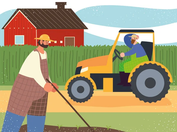 Agriculteur et agriculteur travailleur dans tracteur et plantation — Image vectorielle