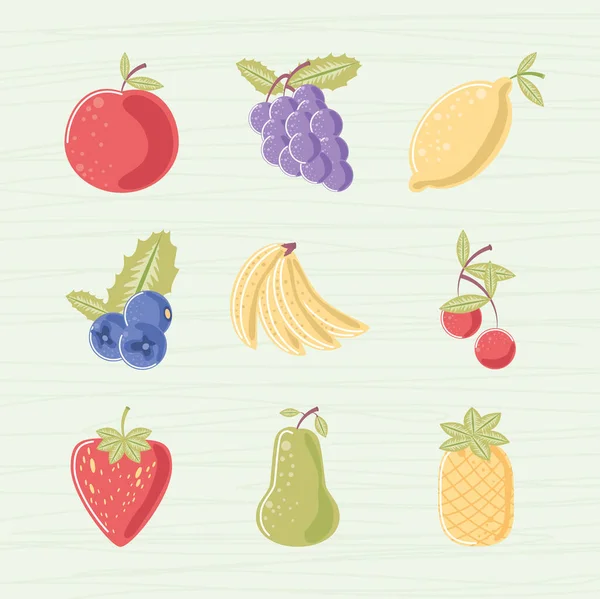 Buah-buahan nutrisi segar appe anggur pisang blueberry pir nanas ikon ceri - Stok Vektor
