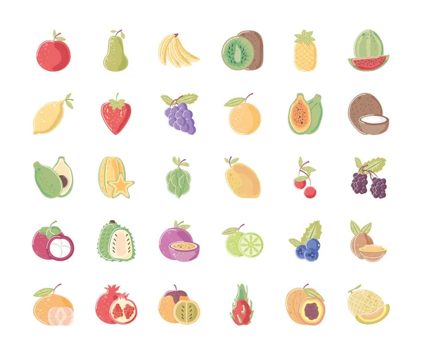 Frutas alimentos frescos nutrición iconos manzana pera naranja piña mandarina — Vector de stock