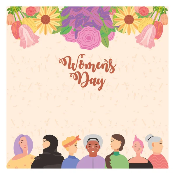 Día de las mujeres, diversidad cultura de las mujeres etnia y dibujos animados edad con tarjeta de flores — Vector de stock