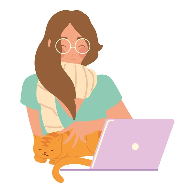 Женщина, работающая с ноутбуком и кошкой, векторный дизайн — стоковый вектор