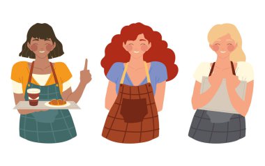 Önlüklü garsonlar grubu.