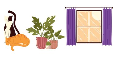 Pencere odası bitkiler ve kediler evcil hayvan çizgi filmi.