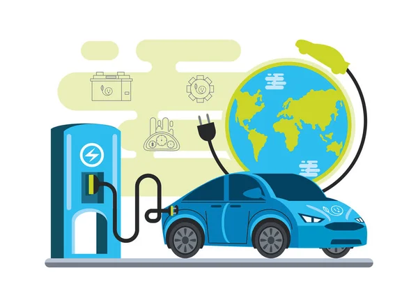 Carga de coches eléctricos en la estación con un enchufe en el mundo ecológico — Vector de stock