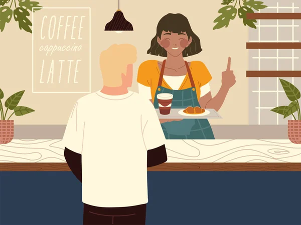 Serveuse dans le café sert le client — Image vectorielle