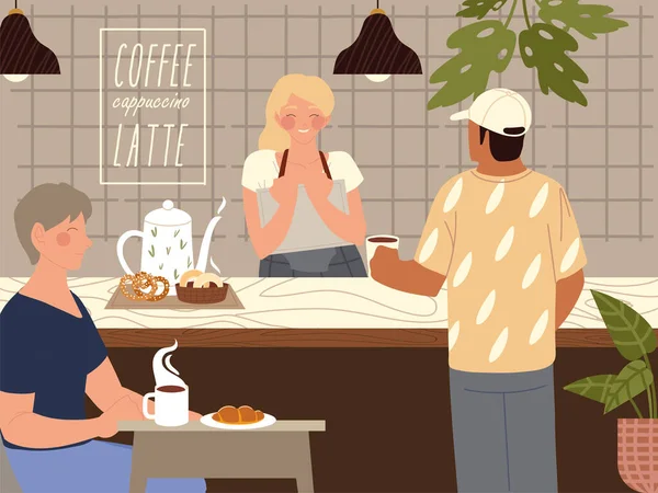 Café de caractère pour le client et la femme assise manger — Image vectorielle