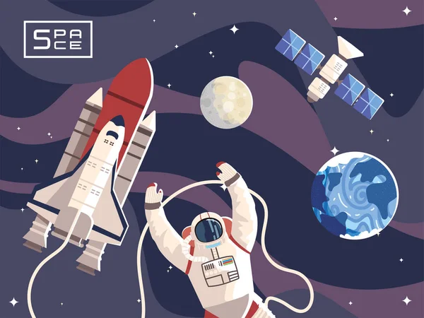 Space astronaut spaceship moon planet satellite exploration — Stock Vector