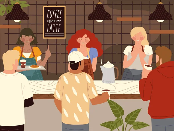 Koffiehuis barista en koffiehuis klanten personages — Stockvector