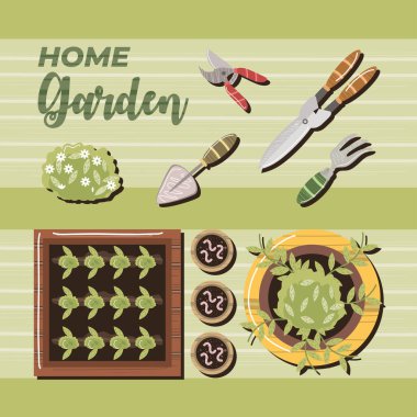 Ev sahibi bahçe makası tırmık tırmık çalı çiçeği solucanları üst manzara