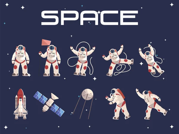 Uzay giysisi uydu uzay gemisindeki astronot karakter — Stok Vektör