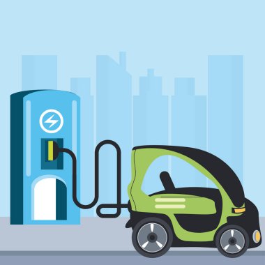 Elektrikli araba şarj istasyonu servis pompası şehir manzarası