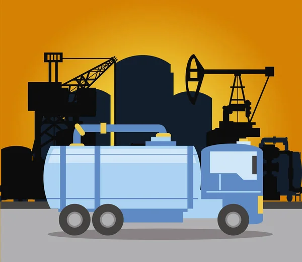 Tanque de camión plataforma de aceite de fracking y tubería — Vector de stock
