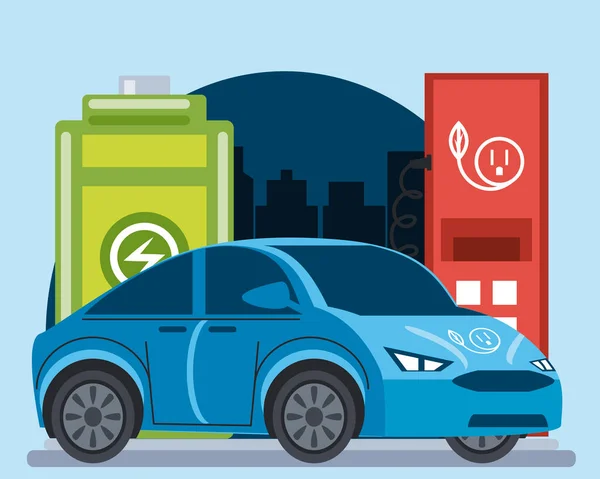 青い電気自動車ステーションポンプバッテリー充電都市 — ストックベクタ