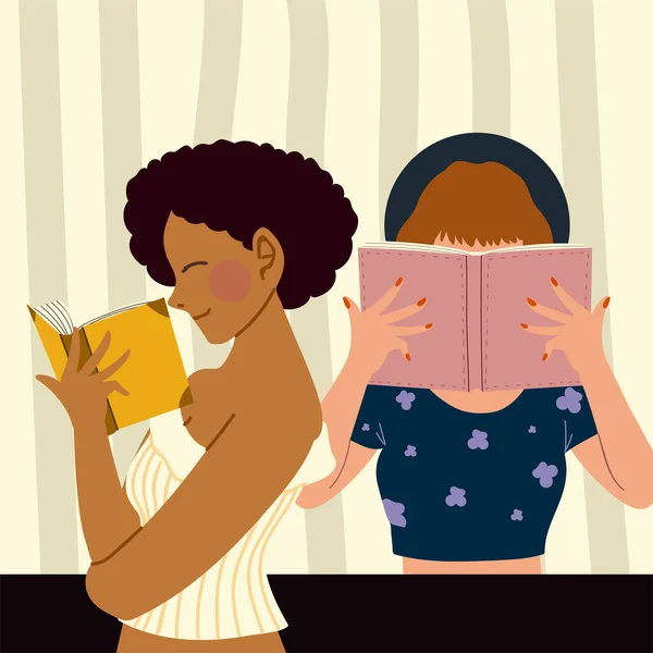Unterhaltsame Frauen lesen Bücher Porträt — Stockvektor