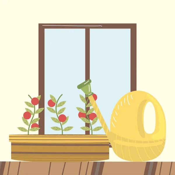 Casa jardín riego lata tomates en olla y ventana — Vector de stock