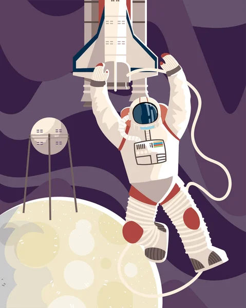 Astronauta en traje espacial satélite y lanzadera en el espacio lunar — Archivo Imágenes Vectoriales