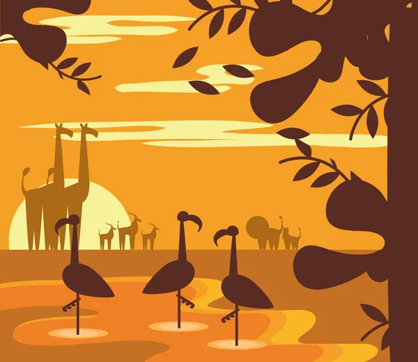 Animales selva puesta del sol paisaje de dibujos animados en silueta — Archivo Imágenes Vectoriales