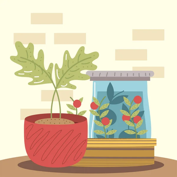 Домашний сад горшок с растениями и помидорами в горшке — стоковый вектор