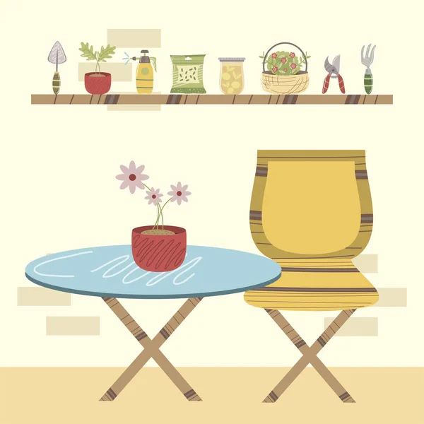 Home tuin tafel met bloemen in pot en planten op plank — Stockvector