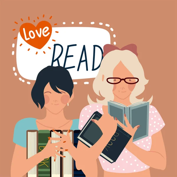 Szerelem olvasás könyv, aranyos nők olvasás egy könyvet — Stock Vector
