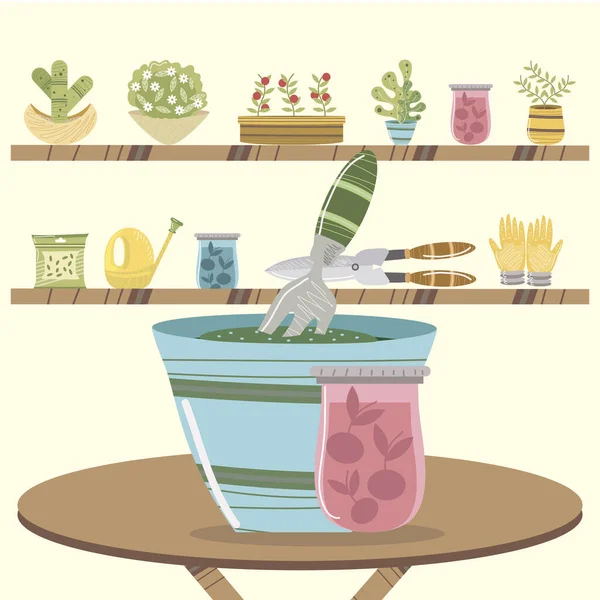 Maison jardin râteau en pot plantes étagère en bois — Image vectorielle