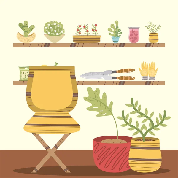 Домашній сад інтер'єр крісла рослини в горщику і ножиці — стоковий вектор