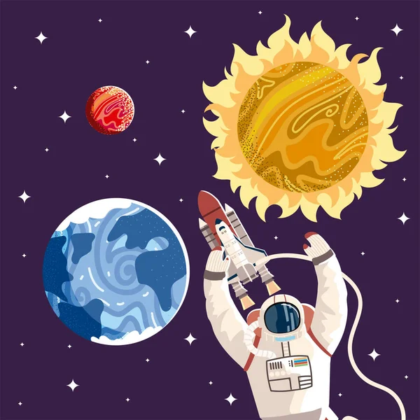 Weltraum-Astronaut Raumschiff Planet Sonne erkunden Abenteuer — Stockvektor