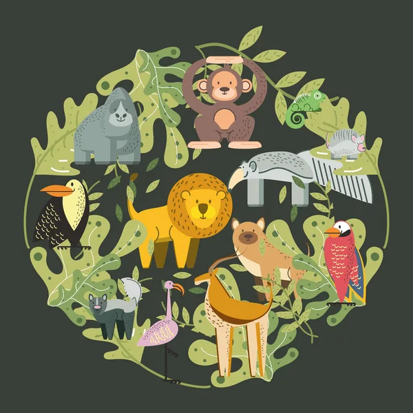 Selva desenhos animados animais selvagens folhagem folhas forma arredondada — Vetor de Stock