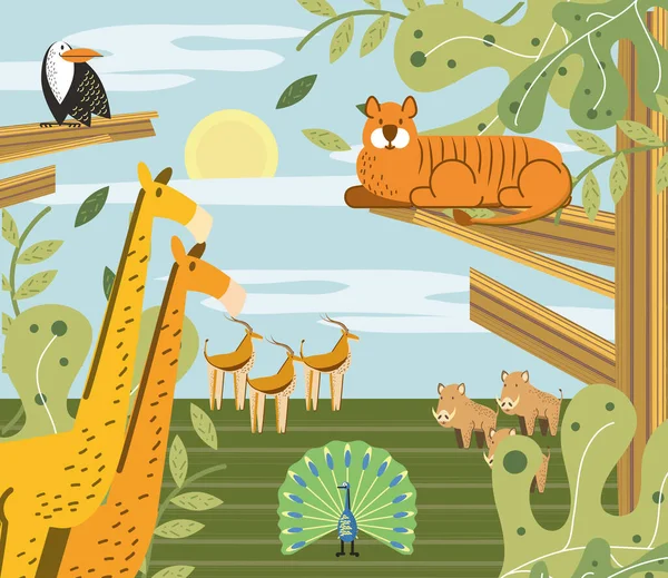Animais da selva em savana natureza paisagem desenhos animados — Vetor de Stock