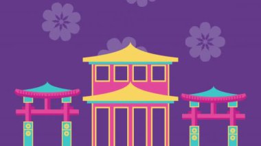 Şatolar ve çiçeklerle mutlu Çin kutlamaları.