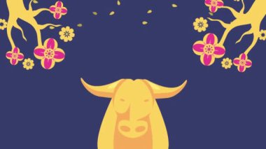 Mutlu Çin Yeni Yılı kutlamaları Altın öküzler ve ağaç dallarıyla