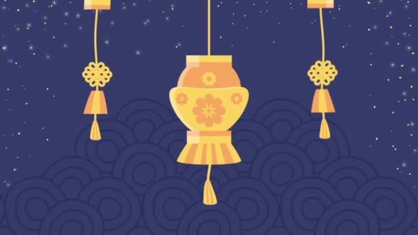 Gelukkig chinees feest met gouden lampen opknoping — Stockvideo