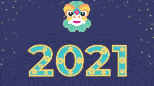 Glad kinesisk nytt år 2021 nummer med drake mask — Stockvideo