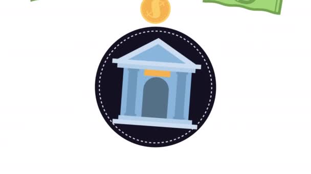 Moedas e notas dólares padrão de dinheiro em animação bancária — Vídeo de Stock