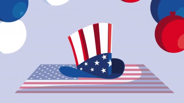 Une estados de la animación de la bandera de América con globos de helio y tophat — Vídeos de Stock