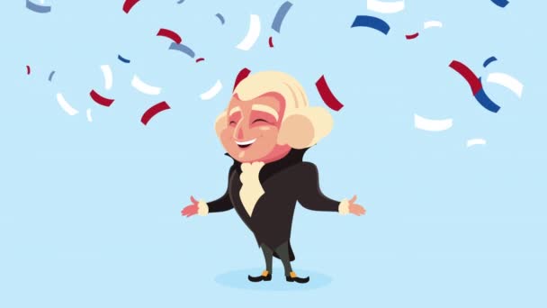 Šťastný prezident den oslavy s Georgem Washingtonem a konfety party — Stock video