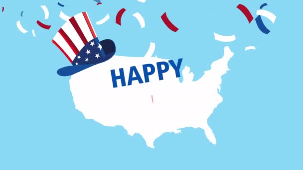 Feliz día de los presidentes letras de celebración en el mapa de EE.UU. con bandera en tophat — Vídeos de Stock
