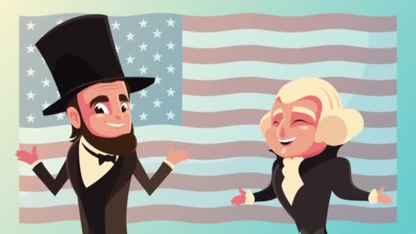 Feliz celebração do dia dos presidentes com abraham lincoln e George Washington na bandeira dos EUA — Vídeo de Stock