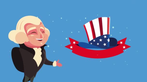 Feliz celebración del día de los presidentes con George Washington y la bandera de EE.UU. en tophat — Vídeo de stock