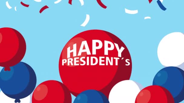 Šťastní prezidenti den oslav nápisy v balónech helium a konfety — Stock video